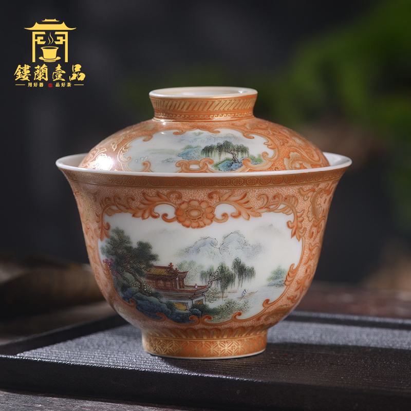 Jingdezhen ceramic hand - made famille rose red see colour alum double window scenery all three just two just tureen tea bowl