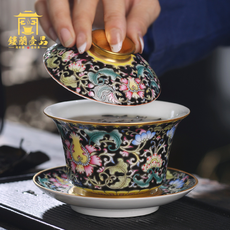 Jingdezhen ceramic all hand colored enamel, black tie up branch lotus three to make tea tureen kung fu tea set large bowl