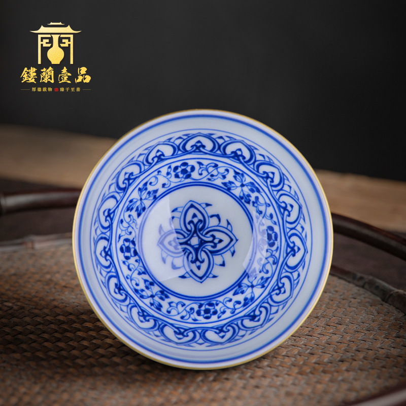 Jingdezhen ceramic hand - made blue colored enamel inside to treasure phase flower cup cup single sample tea cup cup kung fu master