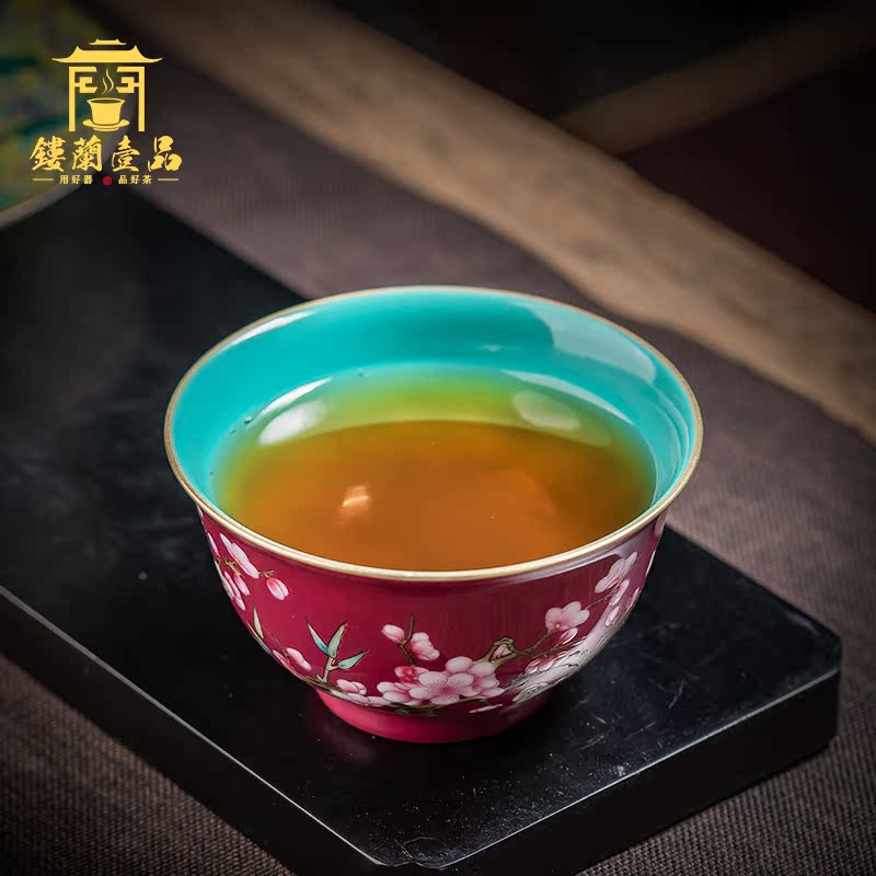 Jingdezhen checking ceramic carmine kung fu tea powder enamel name plum blossom put sample tea cup large master cup single CPU