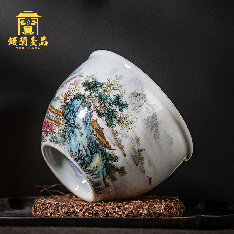Jingdezhen ceramic checking pastel landscape figure cylinder cup master single cup large tea cup kung fu tea sample tea cup