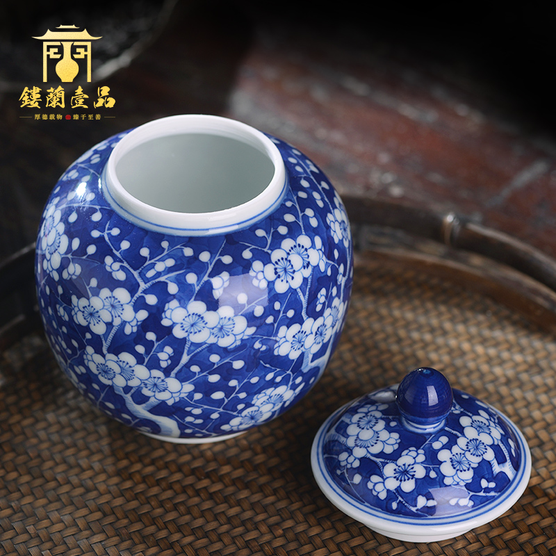 All hand - made ceramics jingdezhen blue and white ice may caddy fixings storage tanks kung fu tea set cover pot seal tea warehouse