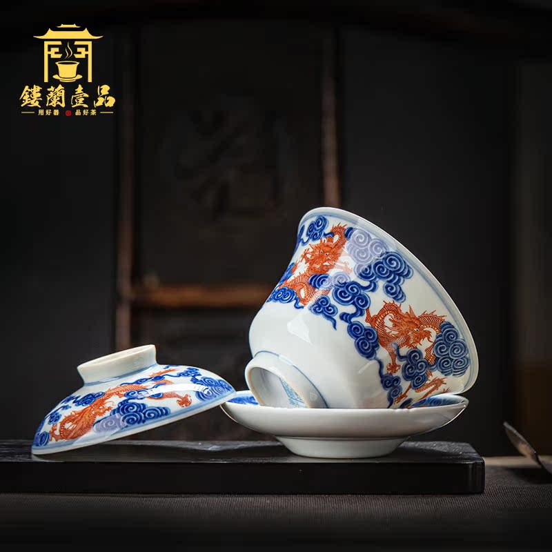 Jingdezhen ceramic all hand blue vitriol red of the statute of three men to tureen kung fu tea tea bowl of tea cups