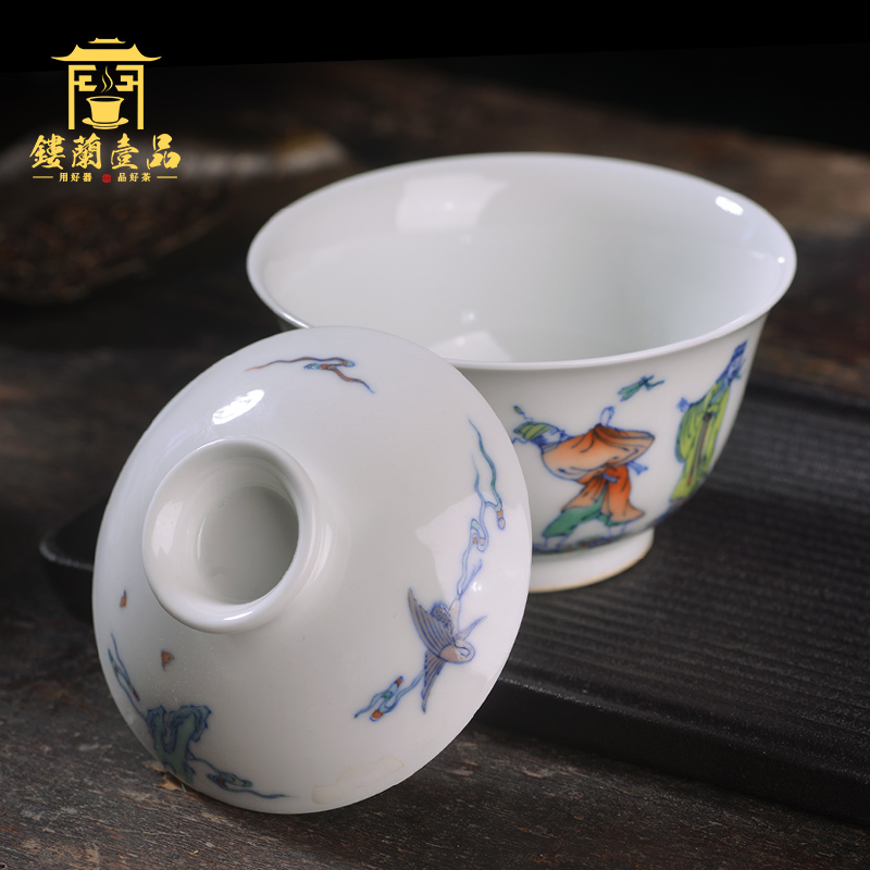 Jingdezhen ceramic all hand - made bucket colorful eight immortals only two to three tureen tea bowl of kung fu tea set individual with cover