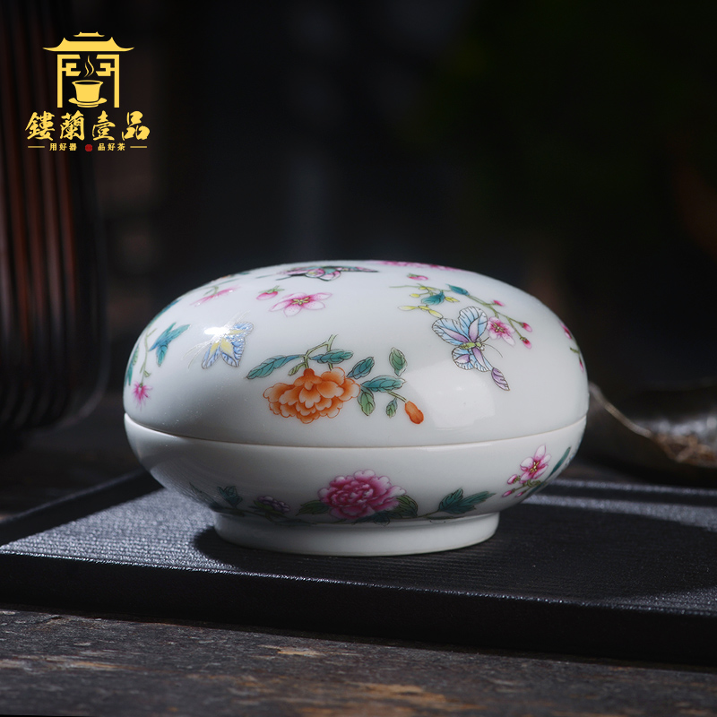 Jingdezhen ceramic hand - made pastel recent jewelry with box to receive a box of four treasures inkpad inkpad box cylinder