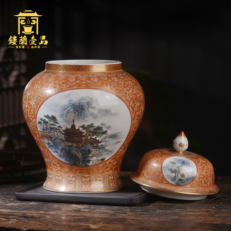 Jane hall alum spill red paint landscape caddy fixings jingdezhen ceramic hand - made seal pot any decoration collection furnishing articles