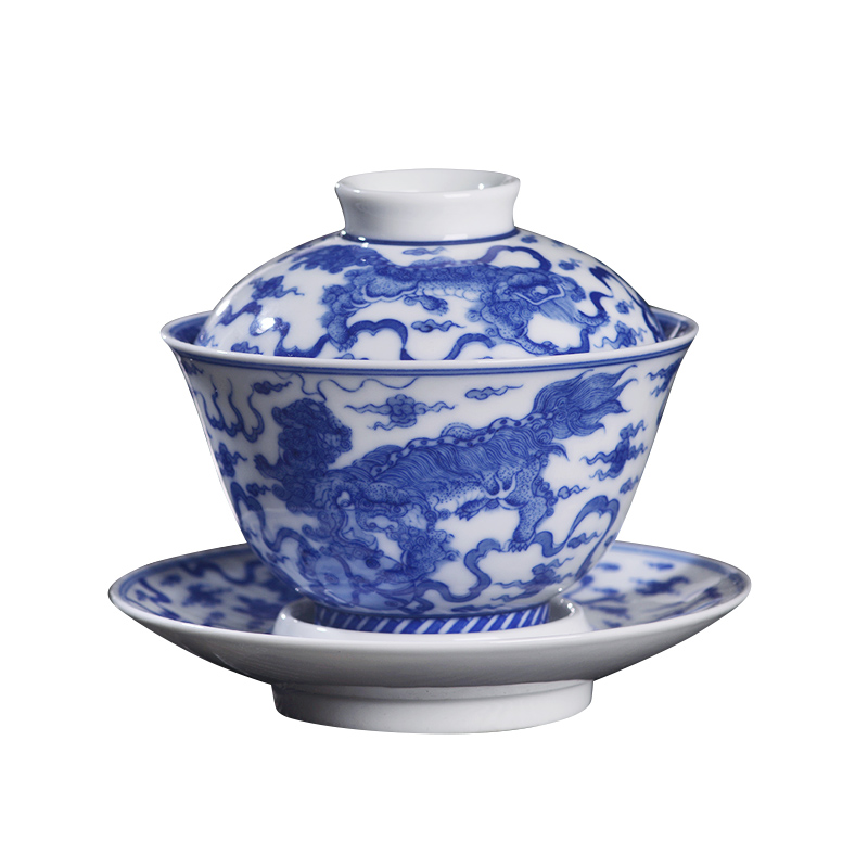 Arborist benevolence only blue and white, all the best three tureen jingdezhen ceramic hand - made kung fu tea bowl with cover a single