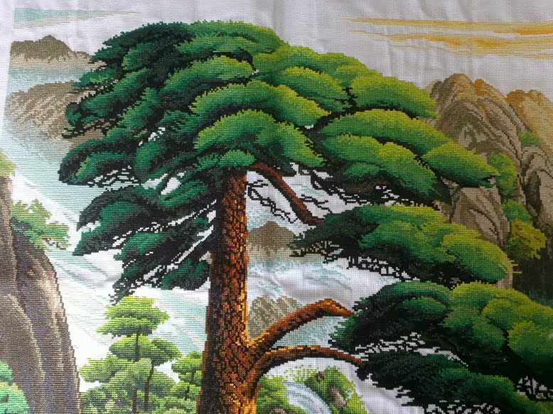 水洗无纸电脑机绣十字绣成品客厅山水风景大画迎客松鹤寿延年包邮