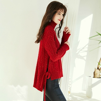 MAJE KARA spring and autumn new French fashion warm strap slit high neck twisted knitted wool top