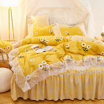 Net red small floral bedding four-piece cotton cotton girl heart bed skirt princess wind lace quilt cover