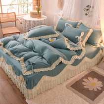 Girl cotton bed skirt four-piece cotton Princess bow quilt cover with double lace bed cover bed sheets