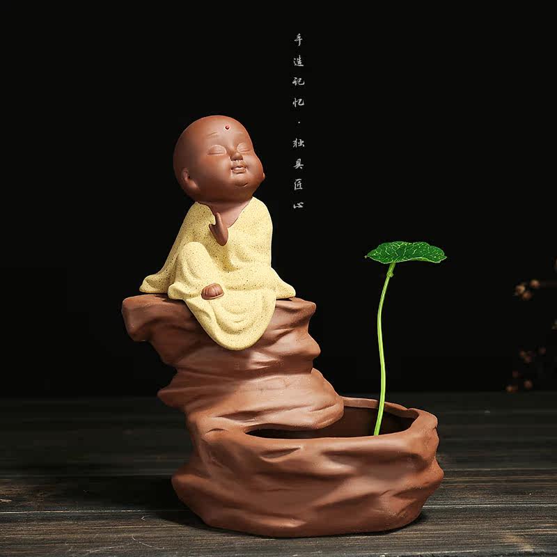 陶迷彩砂陶盆栽小和尚紫砂可爱佛茶宠 家居 陶瓷禅意茶道摆件花插_7折