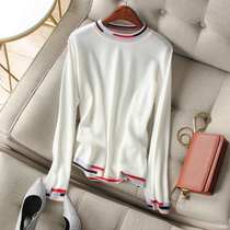 Age reduction color strip color pullover Western style elegant all-match fine Merino wool long-sleeved sweater spring women