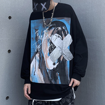 Plus Velvet chic bishop high street style brand casual round neck T-shirt men loose lazy Street top