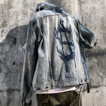 Street tide cards do old broken holes mourning line national tide denim men loose Gothic autumn winter Tide mens coat