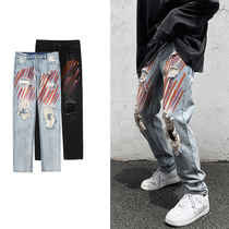 chic Trendy brand hip hop print hole denim trousers men slim feet beggar street trend denim pencil pants