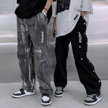 chic bishop double-breasted design national tide tie-dyed casual pants mens straight loose Street Tide brand pants