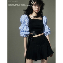 FUSSED original designer shirt female niche design sense shirt square collar stitching chic bubble sleeve top