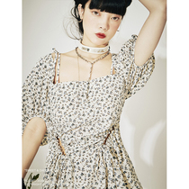 FUSSED original niche independent designer brand floral hollow square collar bubble sleeve dress womens summer