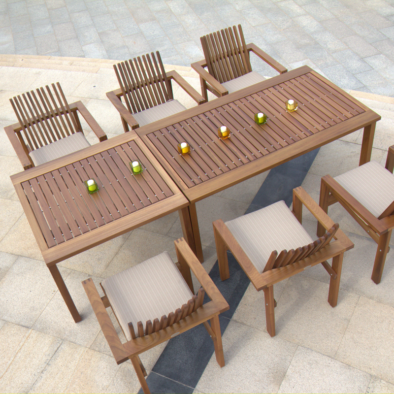 莱欣户外家具海德维长方桌椅套装新款时尚庭院阳台休闲实木餐桌椅_不