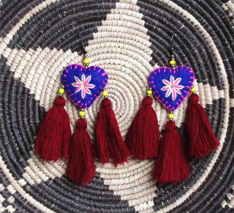 泰国原创手工刺绣 流苏 boho波西米亚民族风旅行度假必备耳环