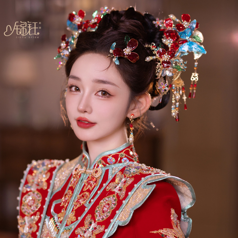 锦钰新娘新款红色复古旗袍流苏发簪古风秀禾服龙凤褂经典头饰品