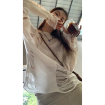 Red Peoples Pavilion Hollowed-out Needles Jersey Woman Thin summer 2022 New exploits white Loose Style Long Sleeve Blouse