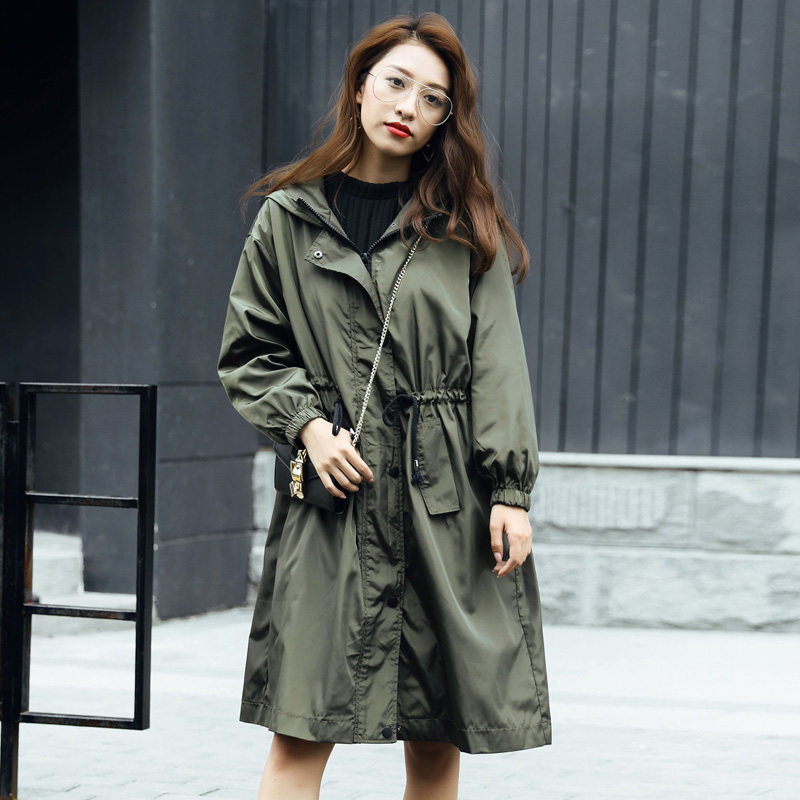 秋季新品  欧美风连帽收腰中长款防风休闲军绿色风衣宽松外套女