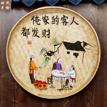 Bamboo woven bamboo products hand-painted dustbump painting restaurant and hotel wall decoration round pendant farm farmhouse wall decoration