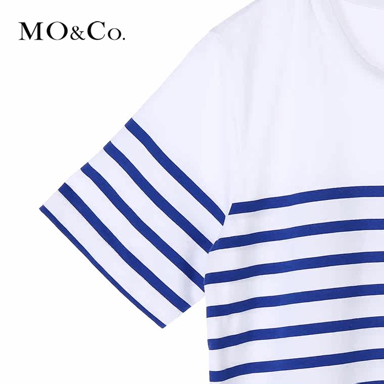 MO&Co.T恤夏季圆领短袖绣花海军蓝白条纹休闲T恤MA152TST52 moco