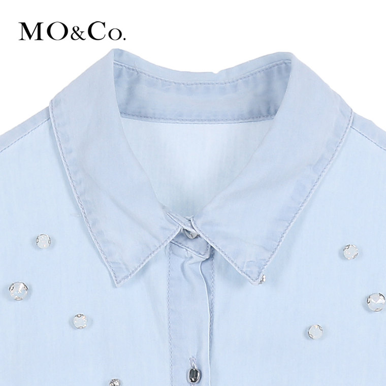 MO&Co.衬衫牛仔中长袖短款钉珠上衣扎腰休闲罩衫MA152SHT19 moco