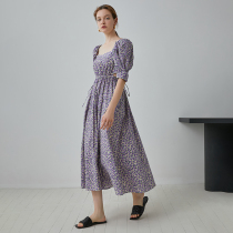 Fan Luo 2021 summer new French floral dress female design purple square collar bubble sleeve tea break long skirt