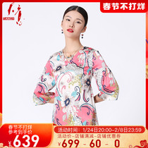 TANGY providence spring and summer new shopping mall with Chinese style v-neck printed mulberry silk seven-point sleeve T-shirt women