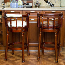 Anmu European solid wood bar chair Household American backrest high stool Vintage leather rivet rotating bar chair
