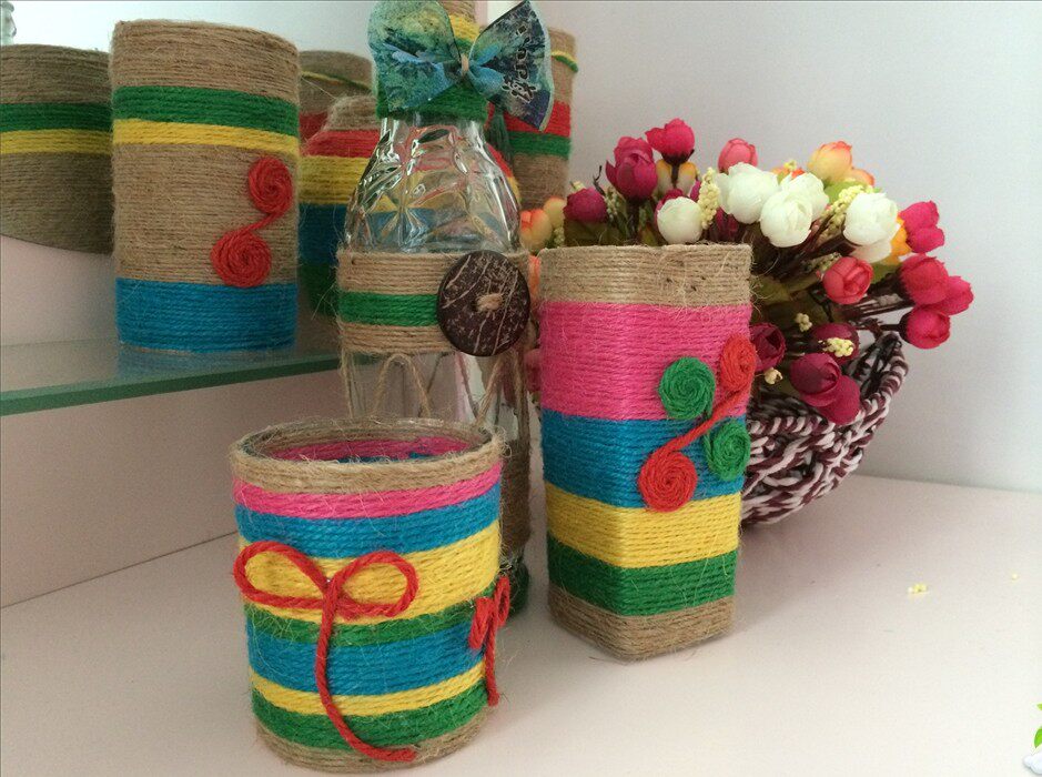 创意diy手工麻绳装饰玻璃花瓶 做旧复古法式乡村风情 个性摆件