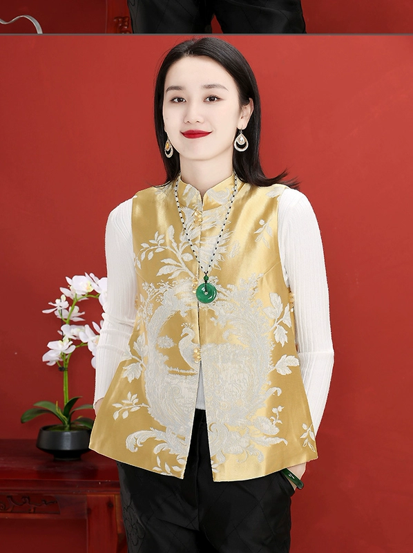 Áo khoác ghi lê retro jacquard của phụ nữ mùa thu, cỡ lớn, phong cách Trung Quốc, áo khoác vest ngắn, áo ghi lê, hàng đầu Trung Quốc, quần áo phụ nữ - Áo vest