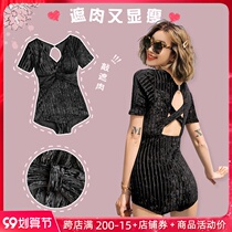 Hot spring swimsuit female 2021 New Conservative conjoined black velvet thin belly short sleeve sexy backless Korea