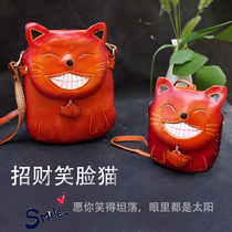 Leather cartoon handmade female bag animal shoulder bag cute cat messenger bag leather mobile phone bag happy lucky cat