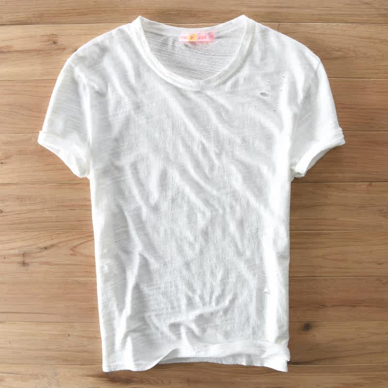 破洞t恤男做旧纯棉t恤衫圆领修身竹节纱青年复古文艺薄款短袖体恤_5折