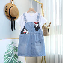 Childrens foreign style strap suit summer girls short sleeve t-shirt denim sling dress