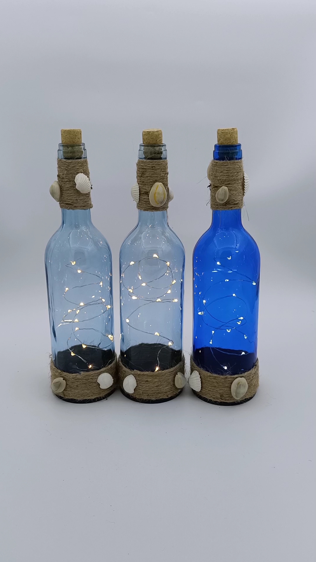 手工制作海滩风格优质 led 葡萄酒玻璃瓶罐蓝色与贝壳