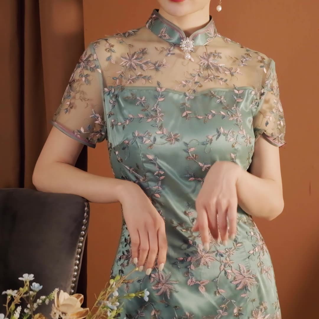 2021新款墨绿色贵妇绸缎旗袍收腰改良版日常走秀拍照宴会装b1051