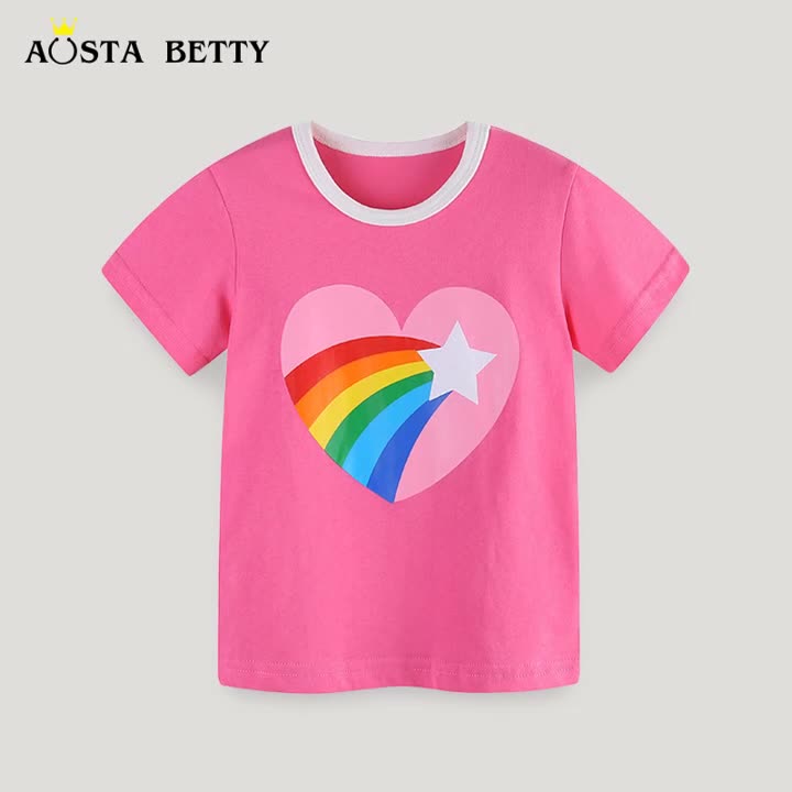 24夏季新款女童t恤爱心彩虹印花儿童棉质运动衫宝宝圆领短袖上衣