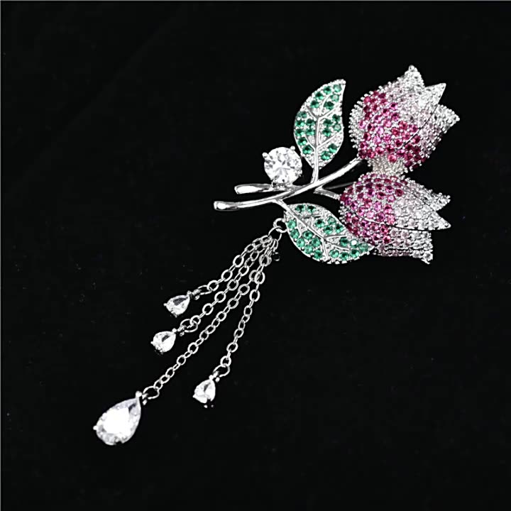 批发奢侈品女士郁金香花设计师锆石流苏珠宝时尚别针胸针金属婚礼水钻