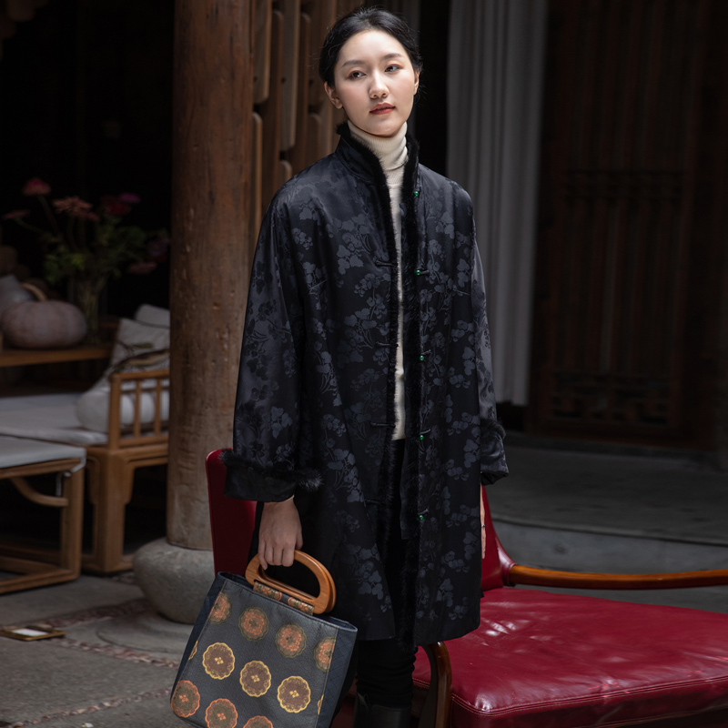 True silk jacquard Chinese wind open mink in Chinese style retro Chinese style retro loose winter cotton coat Grand coat with women's coat-Taobao