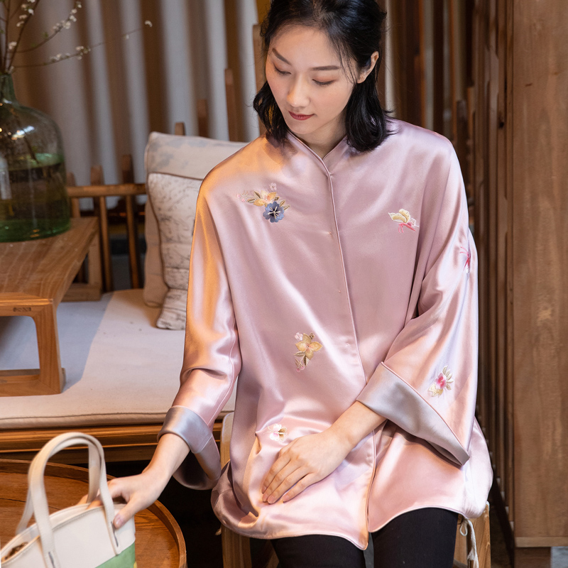 Fiytang New Chinese style Art Retro Loose Jacket Two Sides Puncture Embroidered and Tang Costume Hanfu Spring Outfitting Female Blouse