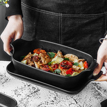 MAR in March|Baking pan double ear plate frosted black ceramic tableware oven bowl cheese baked rice plate Western food plate