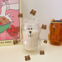 How so cute ~ Korean ins same cute girl double three-dimensional bear glass cup heat-resistant