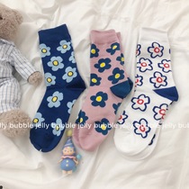 * jelly bubble * Middle tube cotton retro cute cartoon hand-painted Wind Flower socks female ins