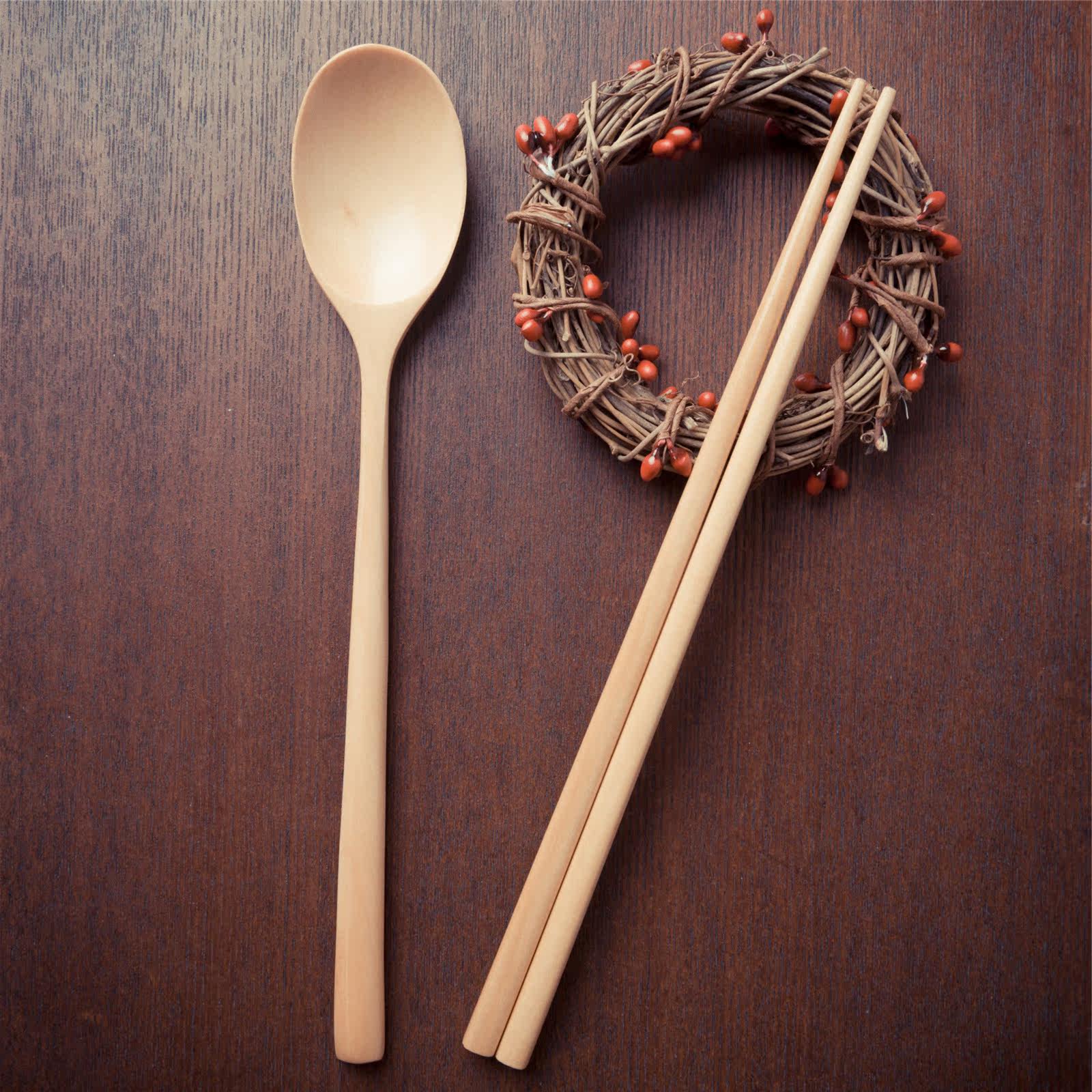 若素生活日式便携家庭用原实木制尖头筷子长柄调羹汤匙勺子套装